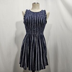 BB Dakota Smocked Mini Sun Dress Womens 2 Navy Blue Stripe Ruffles Fit Flare